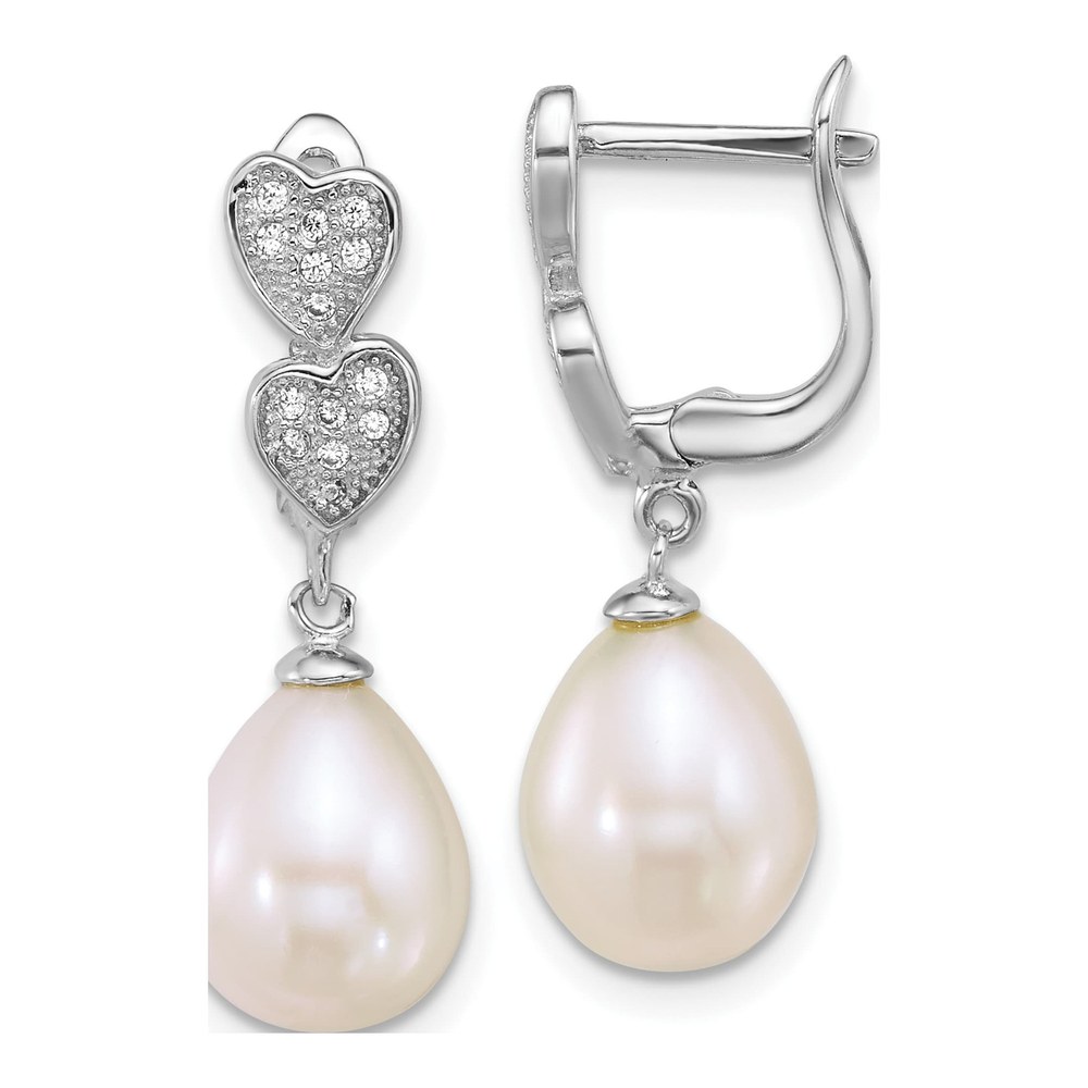 Sterling Silver Rhodium-Plated 7-9mm Teardrop White Freshwater Cultured Pearl And Cz Hearts Dangle Earrings