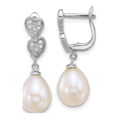 Sterling Silver Freshwater Cultured Pearl & CZ Heart Dangle Earrings