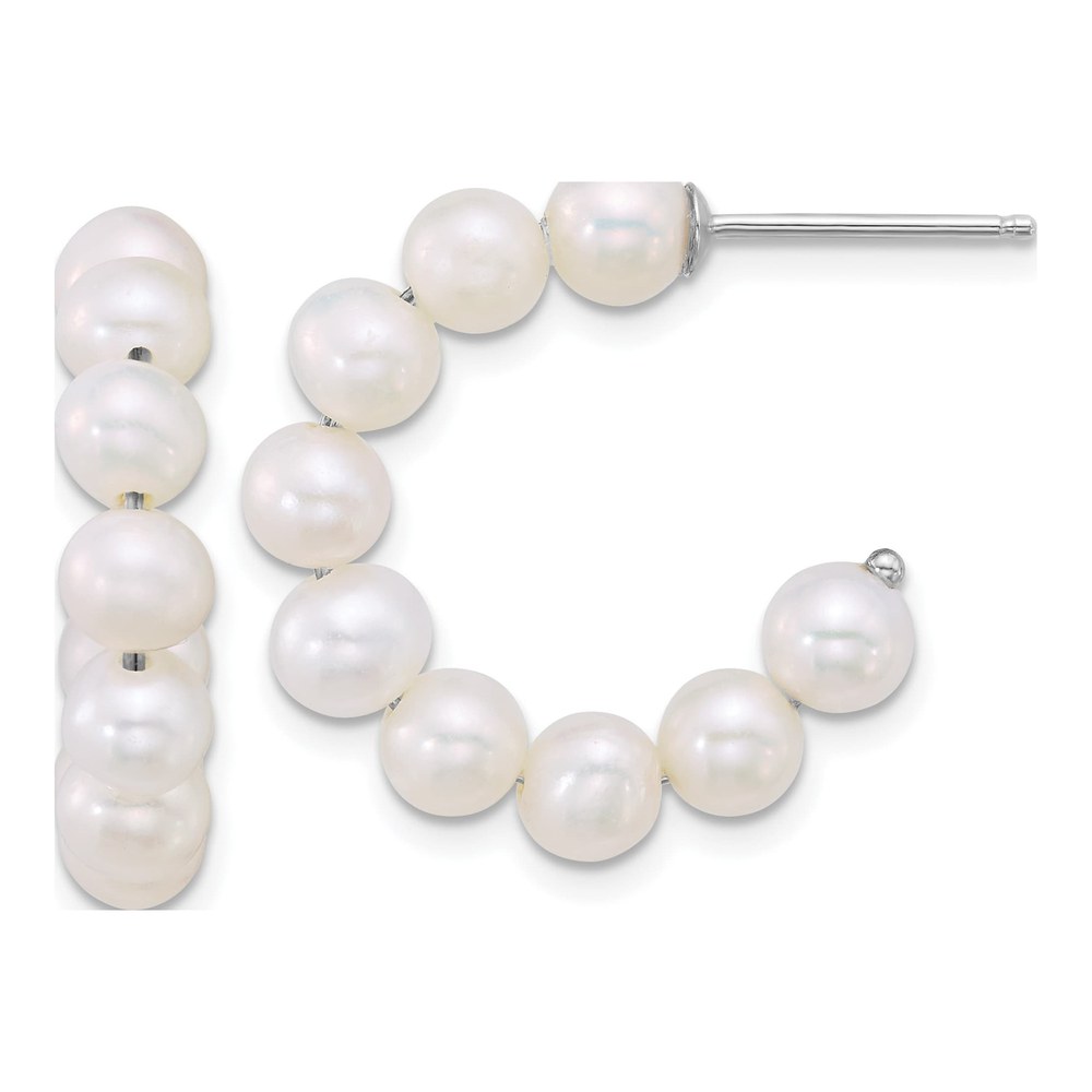Sterling Silver Rhodium-Plated 5-6mm Semi-Round White Freshwater Cultured Pearl C-Hoop Post Earrings
