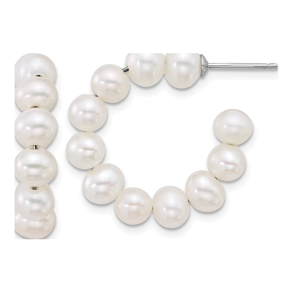 Sterling Silver Rhodium-Plated 5-6mm Semi-Round White Freshwater Cultured Pearl C-Hoop Post Earrings