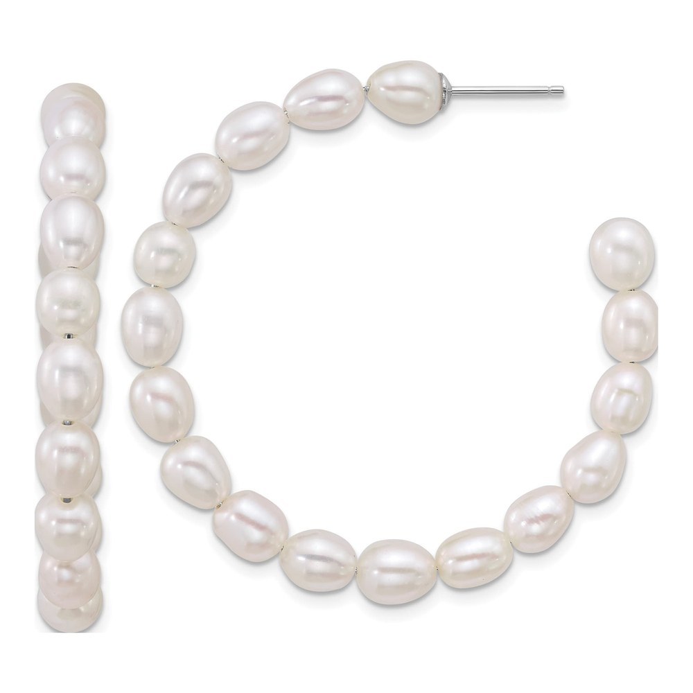 Sterling Silver Rhodium-Plated 5-6mm Rice White Freshwater Cultured Pearl C-Hoop Post Earrings