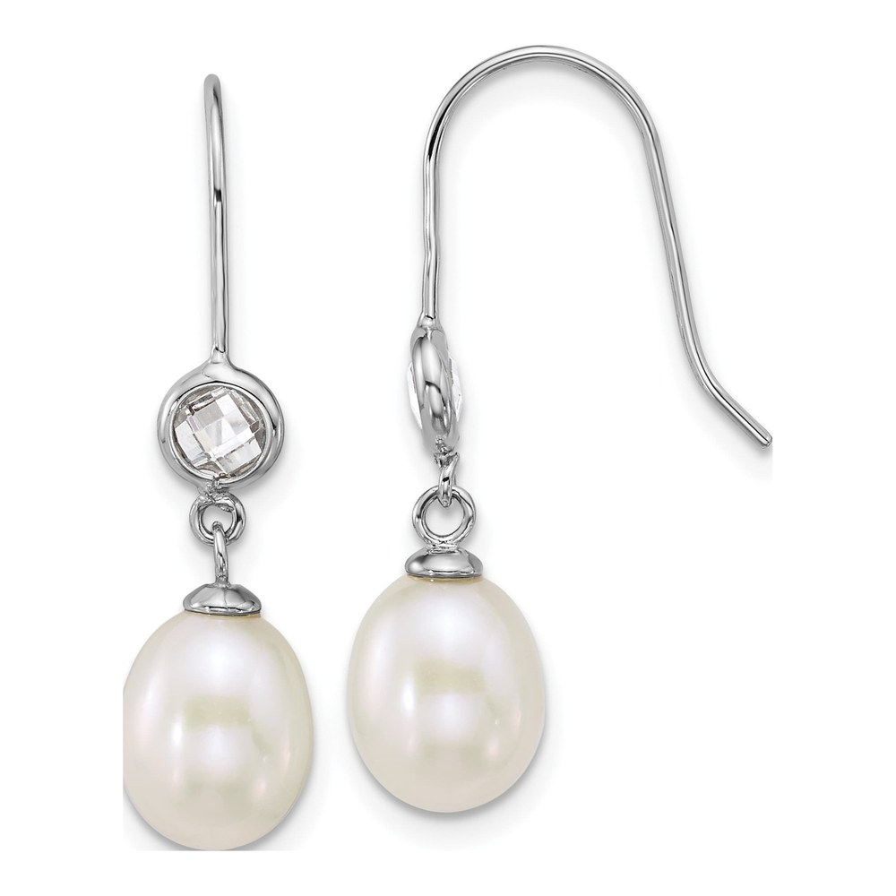 Sterling Silver Rhodium-Plated 6-7mm Rice White Freshwater Cultured Pearl And Glass Stone Dangle Shepherd Hook Earrings
