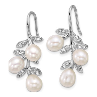Sterling Silver Freshwater Cultured Pearl & CZ Leaf Dangle Earrings – view 2