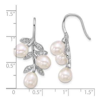Sterling Silver Freshwater Cultured Pearl & CZ Leaf Dangle Earrings – view 3
