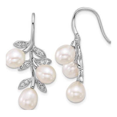 Sterling Silver Freshwater Cultured Pearl & CZ Leaf Dangle Earrings