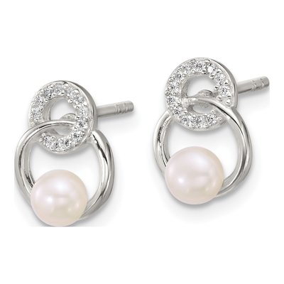 Sterling Silver Button Simulated Pearl & CZ Circle Stud Earrings – view 2
