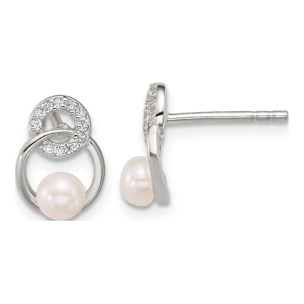 Sterling Silver Polished Cz Circles With 4-5mm Imitation Button Pearl Post Earrings