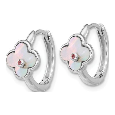 Sterling Silver 14mm Mother of Pearl & CZ Huggie Hoop Earrings – view 2