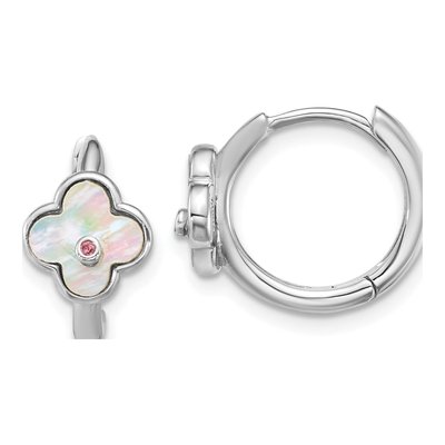 Sterling Silver 14mm Mother of Pearl & CZ Huggie Hoop Earrings