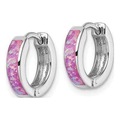 Sterling Silver 12mm Lab-Created Opal Huggie Hoop Earrings – view 3