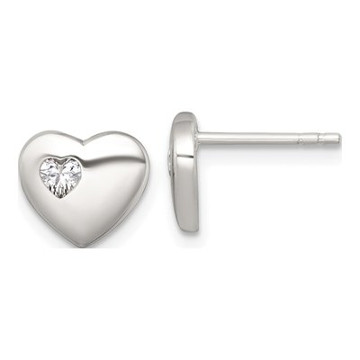 Sterling Silver Round CZ Heart Stud Earrings