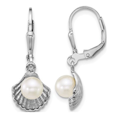 Sterling Silver Simulated Pearl Sea Shell Leverback Earrings