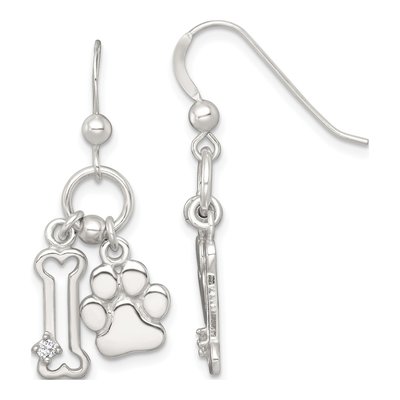 Sterling Silver CZ Bone Paw Dangle Earrings