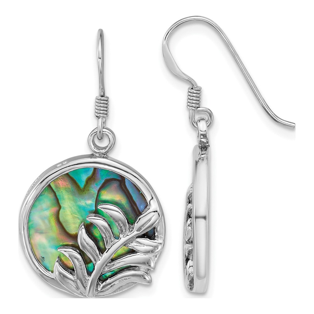 Sterling Silver Rhodium-Plated Polished Round Abalone With Leaves Dangle Shepherd Hook Earrings