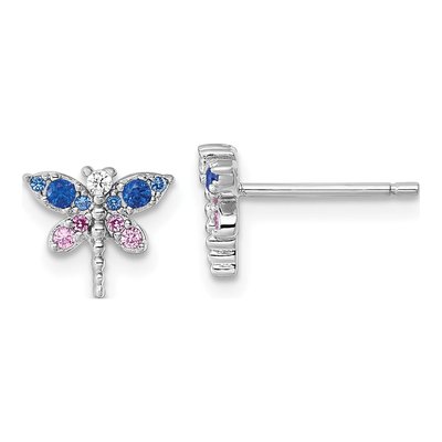 Sterling Silver Round CZ Dragonfly Stud Earrings