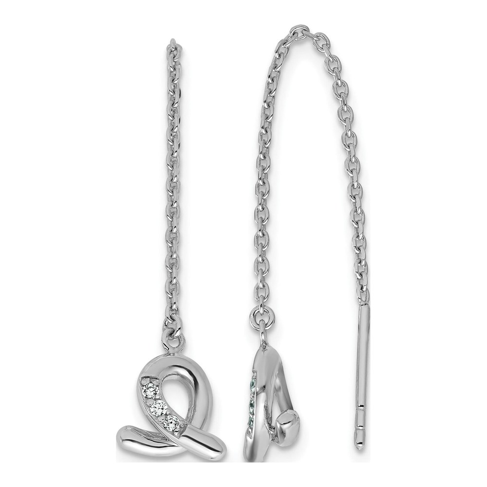 Sterling Silver Rhodium-Plated Cz Awareness Ribbon Dangle Threader Earrings