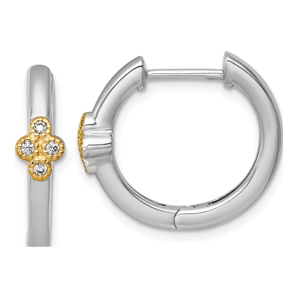 Sterling Silver Rhodium-Plated With 14K Accent Polished Cz Hinged Hoop Earrings