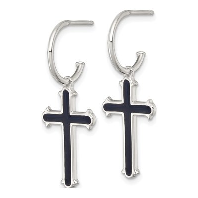 Sterling Silver 34mm Black Enamel Cross Hoop Earrings – view 3