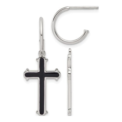 Sterling Silver 34mm Black Enamel Cross Hoop Earrings