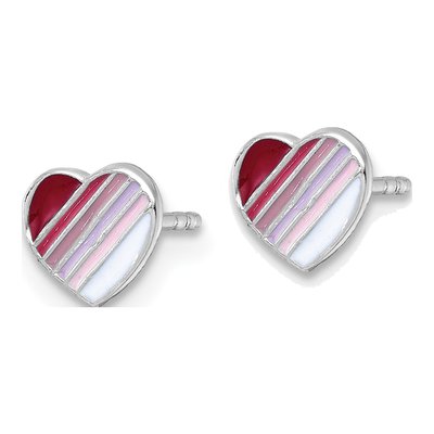 Sterling Silver Girls' Enamel Striped Heart Stud Earrings – view 3