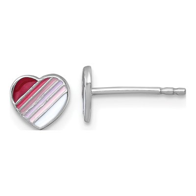 Sterling Silver Girls' Enamel Striped Heart Stud Earrings