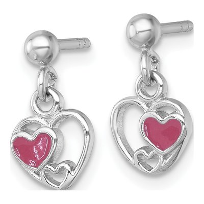 Sterling Silver Girls' Pink Enamel Triple Heart Dangle Earrings – view 3