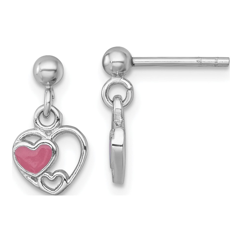 Sterling Silver Rhodium-Plated Polished With Pink Enamel Triple Heart Post Dangle Earrings