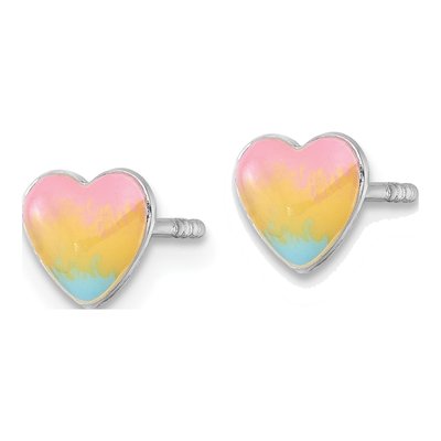 Sterling Silver Girls' Enamel Rainbow Heart Stud Earrings – view 3