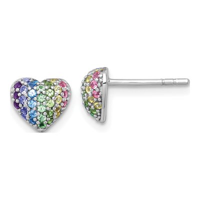 Sterling Silver Round Crystal Girls' Rainbow Heart Stud Earrings