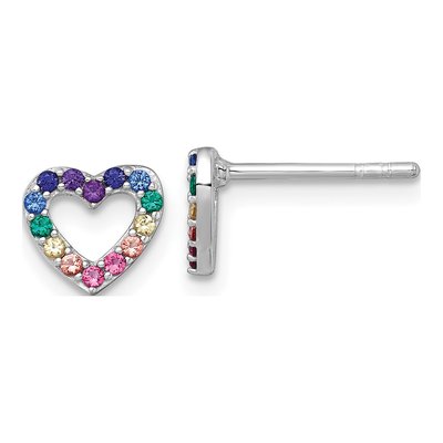 Sterling Silver Round Crystal Girls' Rainbow Heart Stud Earrings