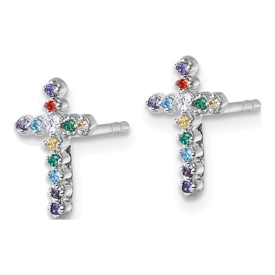 Sterling Silver Round CZ Girls' Cross Stud Earrings – view 3