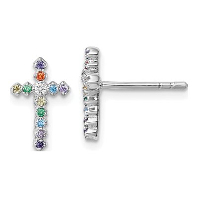 Sterling Silver Round CZ Girls' Cross Stud Earrings