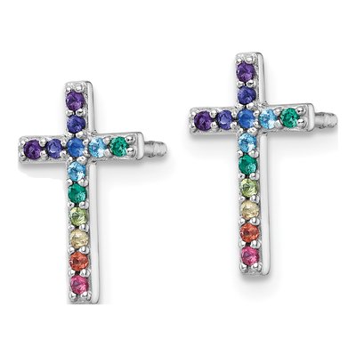 Sterling Silver Round CZ Girls' Rainbow Cross Stud Earrings – view 3