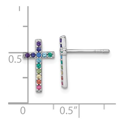 Sterling Silver Round CZ Girls' Rainbow Cross Stud Earrings – view 4