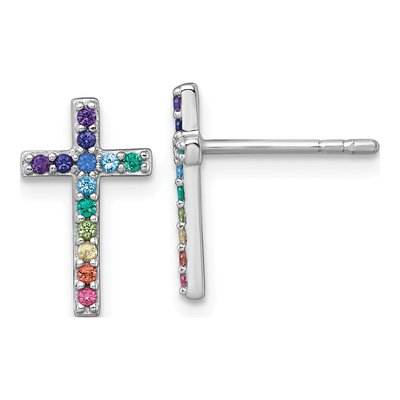Sterling Silver Round CZ Girls' Rainbow Cross Stud Earrings
