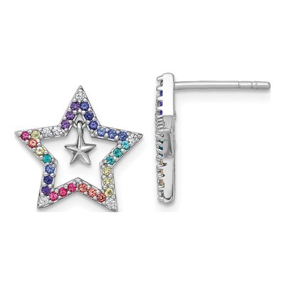 Sterling Silver Round Crystal Girls' Rainbow Star Stud Earrings