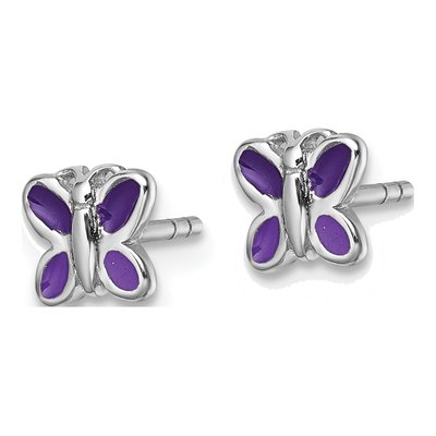 Sterling Silver Girls' Purple Enamel Butterfly Stud Earrings – view 3
