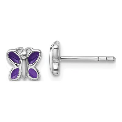 Sterling Silver Girls' Purple Enamel Butterfly Stud Earrings