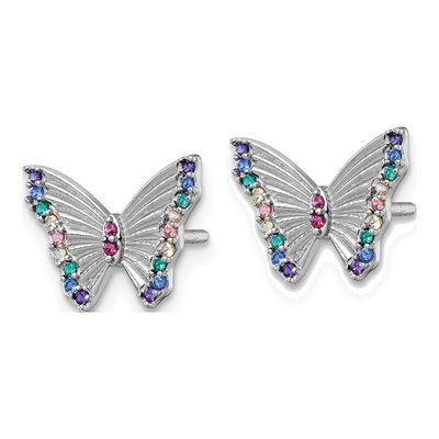 Sterling Silver Round Crystal Girls' Rainbow Butterfly Stud Earrings – view 3