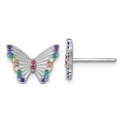 Sterling Silver Round Crystal Girls' Rainbow Butterfly Stud Earrings