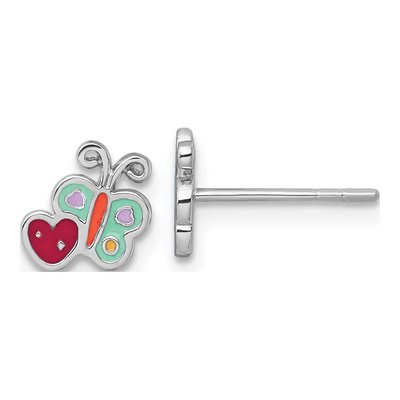 Sterling Silver Kids' Enamel Butterfly Heart Stud Earrings