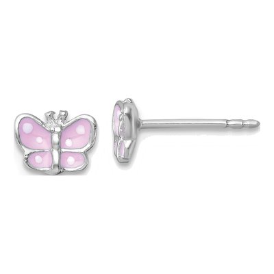 Sterling Silver Girls' Pink Enamel Butterfly Stud Earrings
