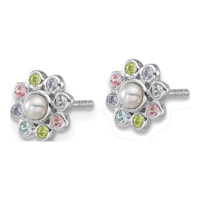 Sterling Silver Round CZ Girls' Flower Stud Earrings – view 2