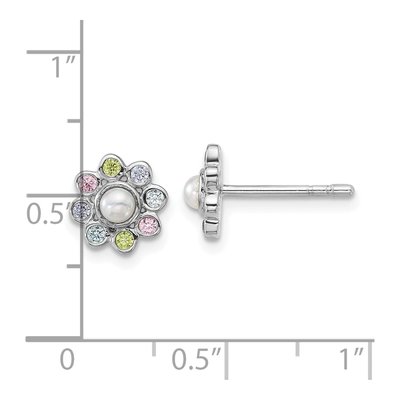 Sterling Silver Round CZ Girls' Flower Stud Earrings – view 3