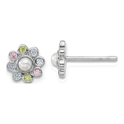 Sterling Silver Round CZ Girls' Flower Stud Earrings