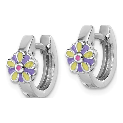 Sterling Silver 11mm Girls' Enamel Flower Huggie Hoop Earrings – view 3
