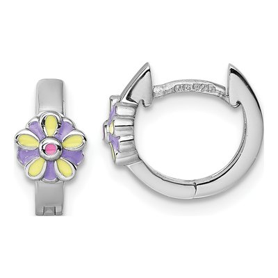 Sterling Silver 11mm Girls' Enamel Flower Huggie Hoop Earrings