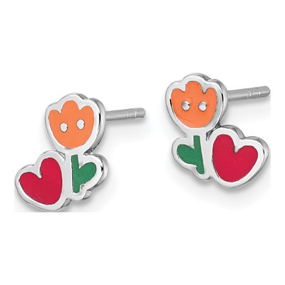 Sterling Silver Girls' Enamel Flower Heart Stud Earrings – view 3