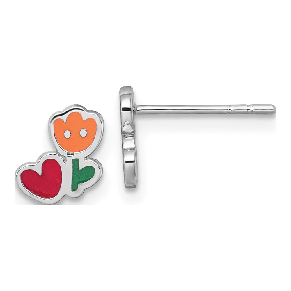 Sterling Silver Rhodium-Plated Polished Orange/red/green Enamel Flower With Heart Childrens Post Earrings