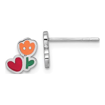 Sterling Silver Girls' Enamel Flower Heart Stud Earrings